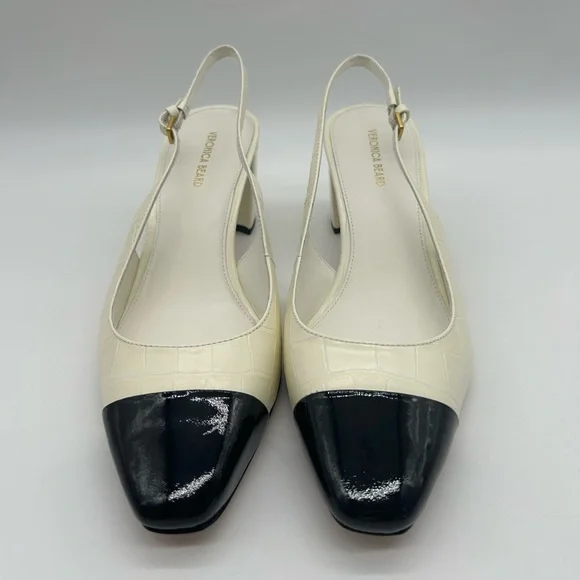 Veronica Beard Cecile Slingback 60 Ivory Croc Black Cap Toe Heels 8.5 New In Box - Picture 6 of 12